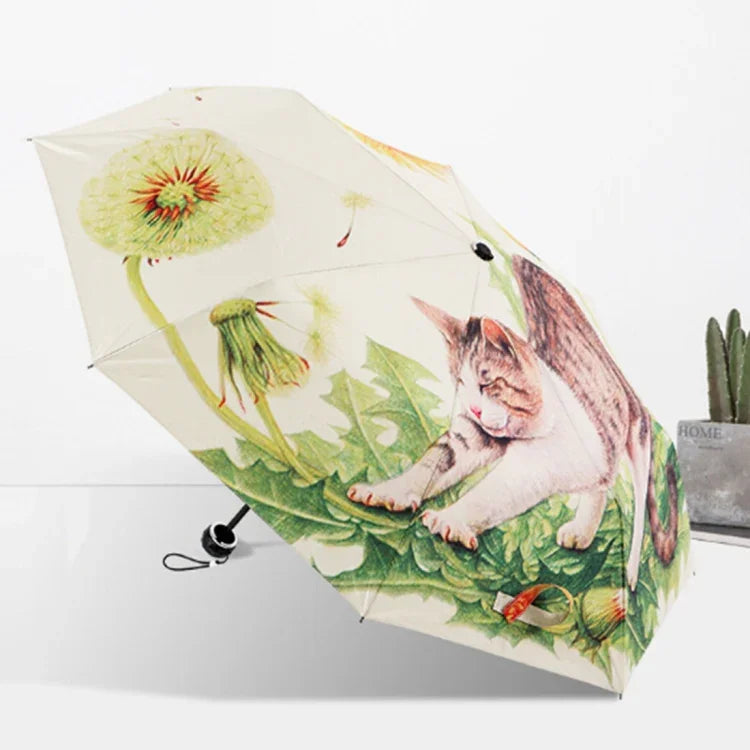 Parapluie pliant trois volets motif chat paresseux style créatif avec ruban argenté anti-UV, Parapluie motif chat avec ruban argenté