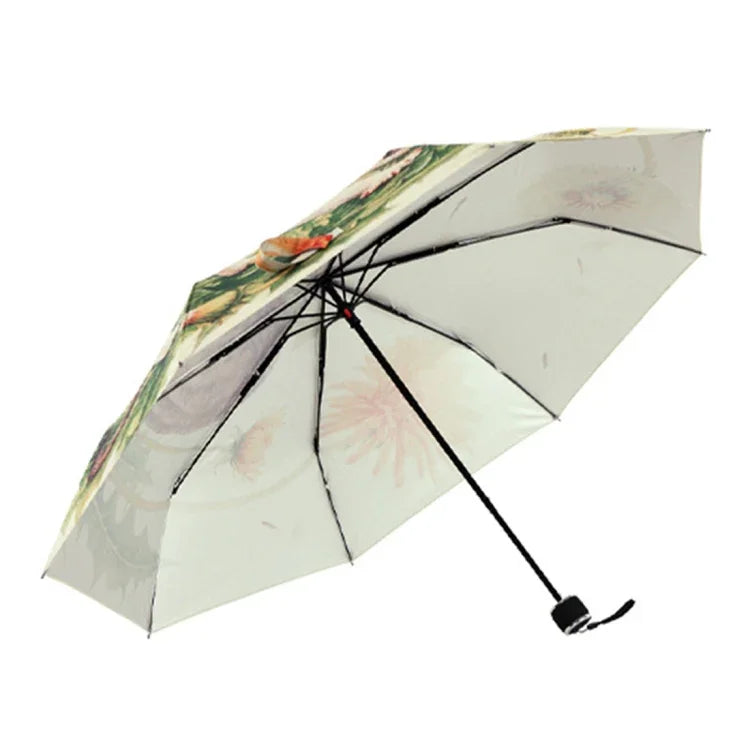 Parapluie pliant trois volets motif chat paresseux style créatif avec ruban argenté anti-UV, Parapluie motif chat avec ruban argenté
