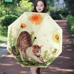 Parapluie pliant trois volets motif chat paresseux style créatif avec ruban argenté anti-UV, Parapluie motif chat avec ruban argenté