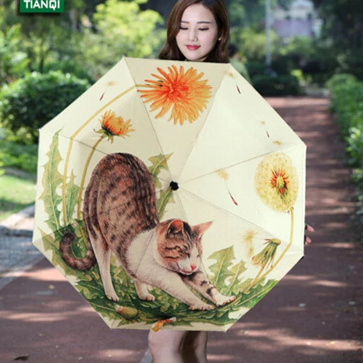 Parapluie pliant trois volets motif chat paresseux style créatif avec ruban argenté anti-UV, Parapluie motif chat avec ruban argenté