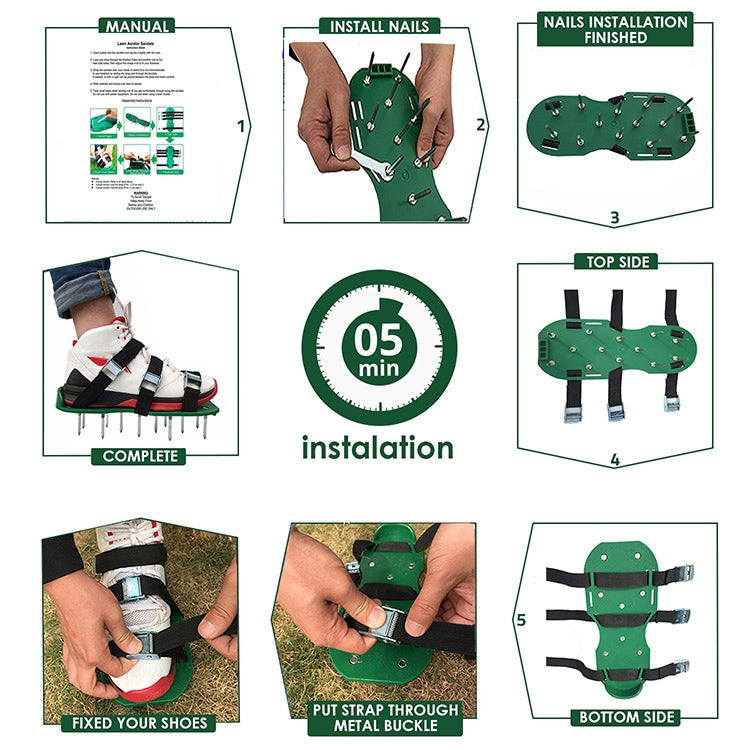 Chaussures à pointes pour déchiqueter l'herbe, outils de jardin pour pelouse, avec 8 boucles métalliques (noir), avec 8 boucles métalliques (vert)