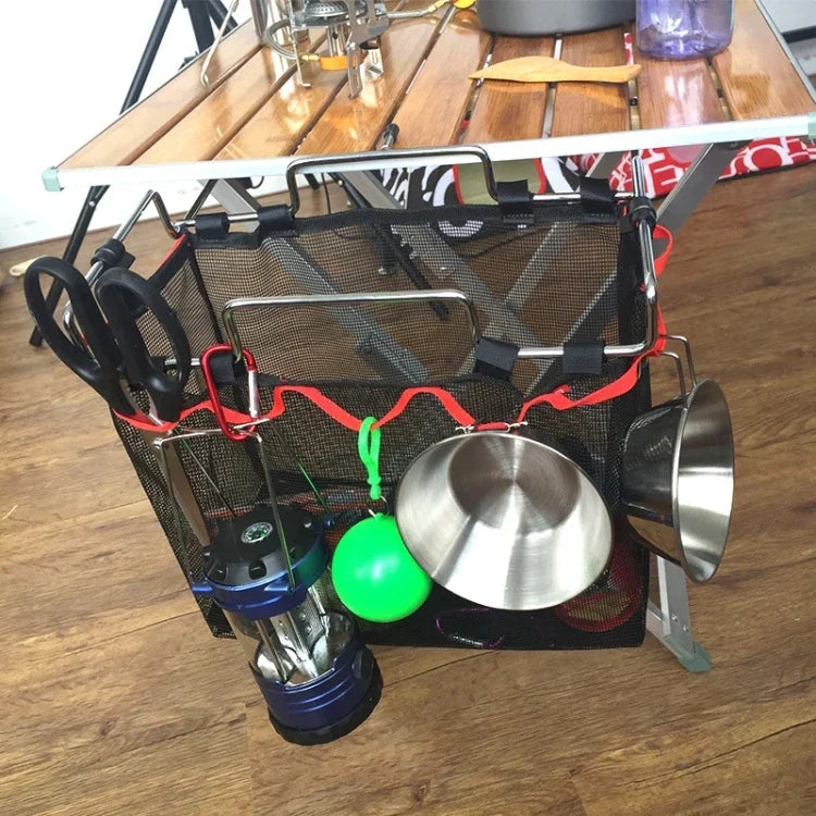 Support de rangement pliable en maille pour pique-nique et camping, avec support en métal pour ustensiles de cuisine, Support pour ustensiles de cuisine