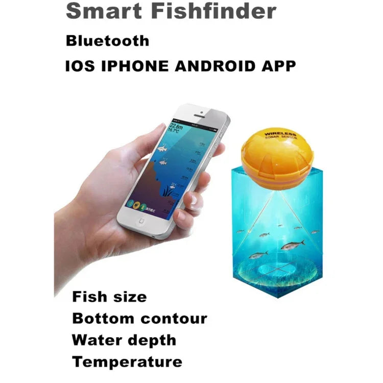 Détecteur de poisson Bluetooth Sondeur 125KHz Capteur 0.6-36m Localisateur de profondeur Alarme de recherche de poissons pour téléphones mobiles iOS et Android, Portée de fonctionnement : 0.6-36m