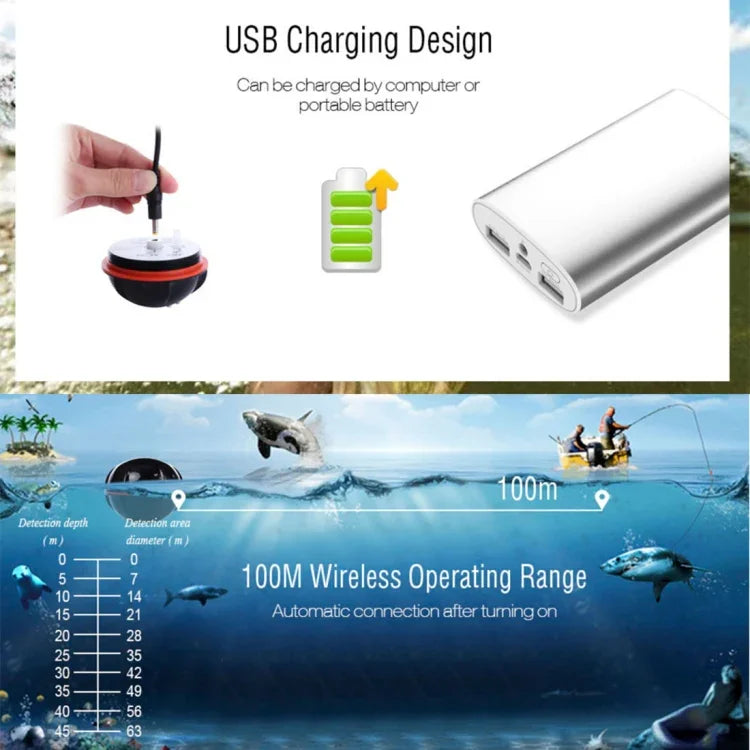 Détecteur de poisson sans fil XJ-01 Sonde sonar 125KHz Capteur de profondeur 0,6-36m Détecteur de poissons avec écran LCD 2,4 pouces et antenne, Capteur de température d'eau intégré, XJ-01