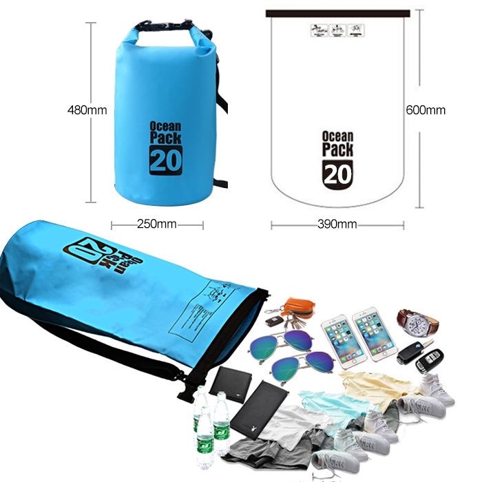 Sac étanche extérieur à deux épaules, sac sec, sac baril en PVC, capacité : 20L, capacité : 20L (Bleu ciel), capacité : 20L (Jaune), capacité : 20L (Noir), capacité : 20L (Bleu foncé), capacité : 20L (Orange), capacité : 20L (Rose), capacité : 20L (Vert)