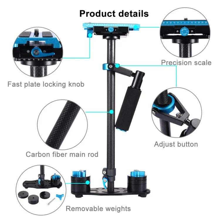 Stabilisateur portable en fibre de carbone PULUZ 38,5-61cm pour appareils photo numériques reflex et caméscopes, plage de charge : 0,5-3 kg, P60T Bleu, P60T Rouge