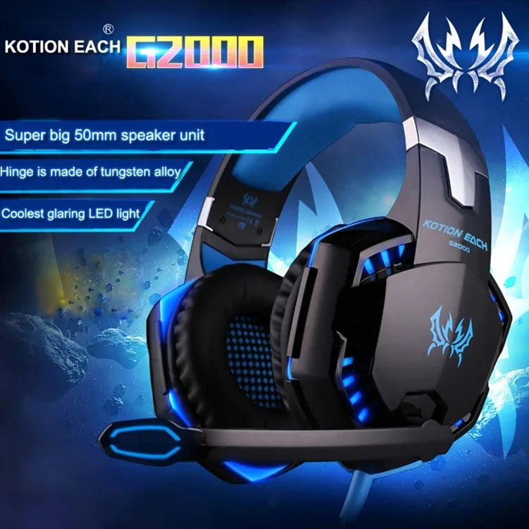 KOTION EACH G2000 Over-ear Game Gaming Headphone Headset Earphone Headband with Mic Stereo Bass LED Light for PC Gamer,Cable Length: About 2.2m(White + Red), G2000