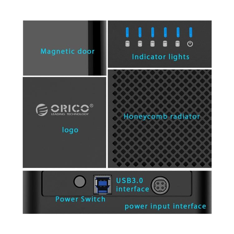 Boîtier disque dur USB 3.0 ORICO DS500U3 3,5 pouces 5 baies magnétique avec indicateur LED bleu, USB 3.0