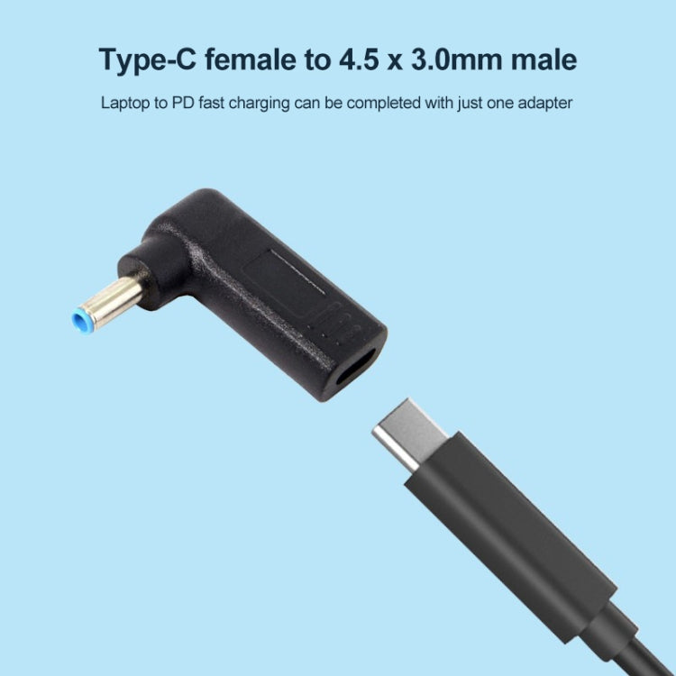Adaptateur coudé USB-C / Type-C femelle vers prise mâle 4,5 x 3,0 mm, coudé noir 4,5 x 3,0 mm, coudé bleu 4,5 x 3,0 mm