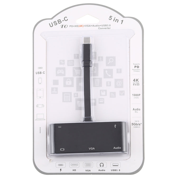 Convertisseur V126 USB-C / Type-C Mâle vers PD + HDMI + VGA + Audio + USB 3.0 Femelle 5 en 1, 5 en 1