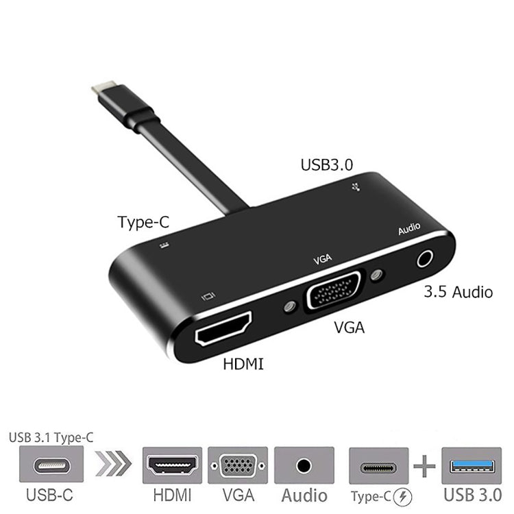 Convertisseur V126 USB-C / Type-C Mâle vers PD + HDMI + VGA + Audio + USB 3.0 Femelle 5 en 1, 5 en 1