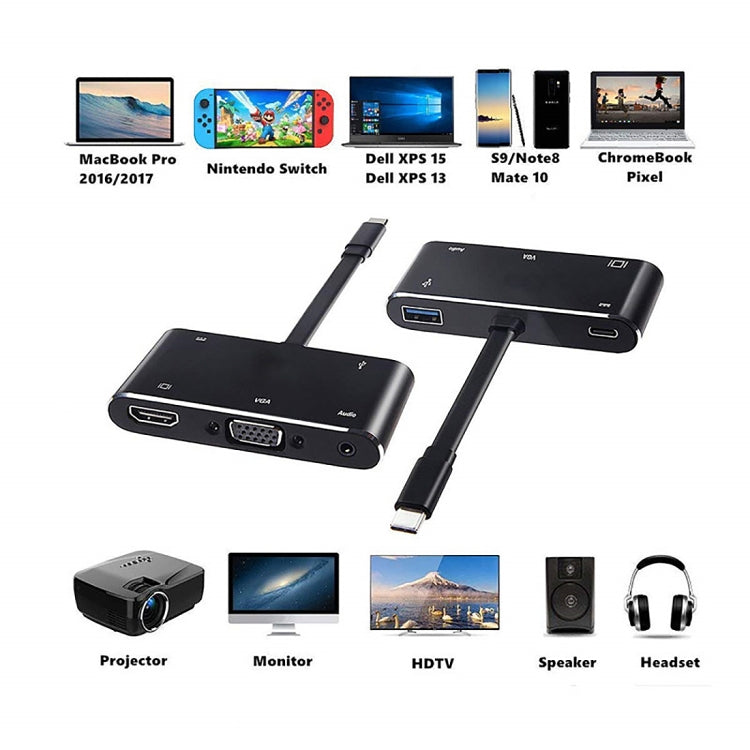 Convertisseur V126 USB-C / Type-C Mâle vers PD + HDMI + VGA + Audio + USB 3.0 Femelle 5 en 1, 5 en 1