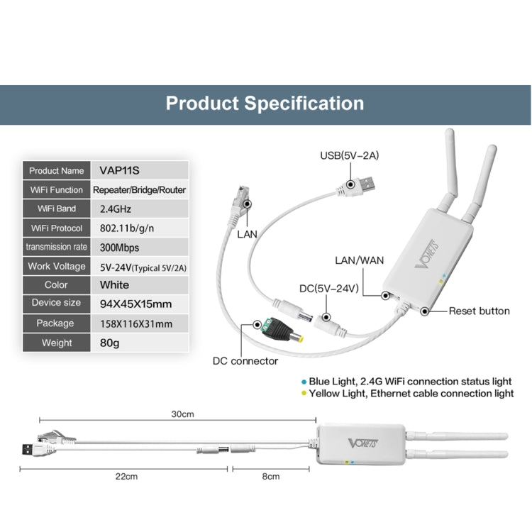 Pont sans fil mini VONETS VAP11S 2,4G répéteur WiFi 300Mbps avec 2 antennes, VAP11S