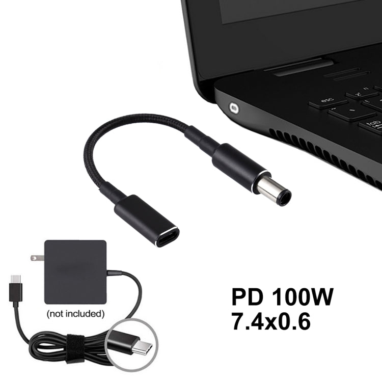 Câble tressé en nylon adaptateur PD 100W 18,5-20V 7,4 x 0,6 mm vers USB-C / Type-C pour HP, 7,4 x 0,6 mm