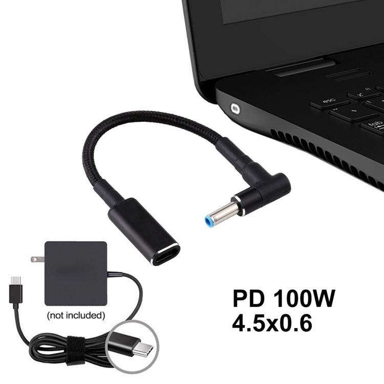 Adaptateur coudé PD 100W 18.5-20V 4.5 x 0.6mm vers USB-C / Type-C Câble tressé en nylon pour HP, 4.5 x 0.6mm