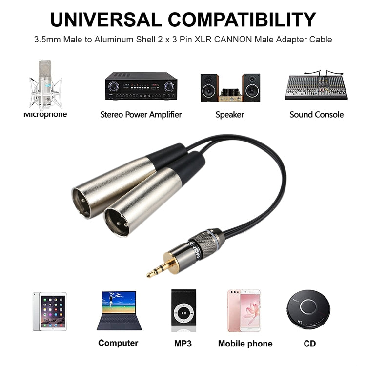 Câble adaptateur audio 3,5 mm mâle à coque métallique en aluminium vers 2 connecteurs XLR CANNON 3 broches mâles, longueur totale : environ 25 cm, 2 x 3 broches mâles
