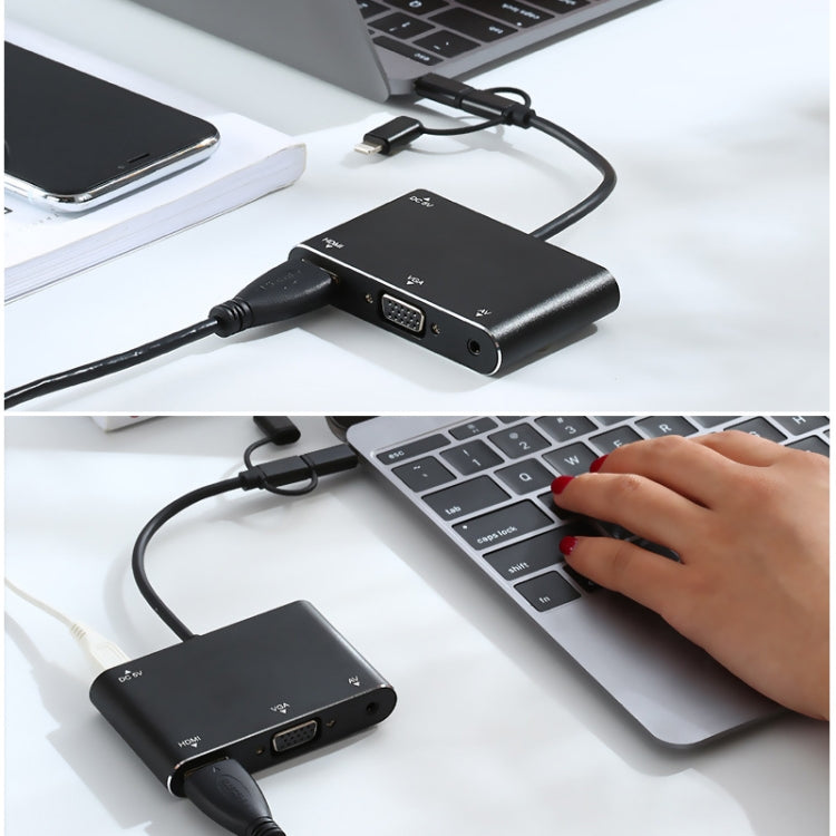 7585B Adaptateur mobile 3 en 1 Micro USB / 8 broches / Type-C vers VGA / HDTV / AV pour lecteur d'écran HD