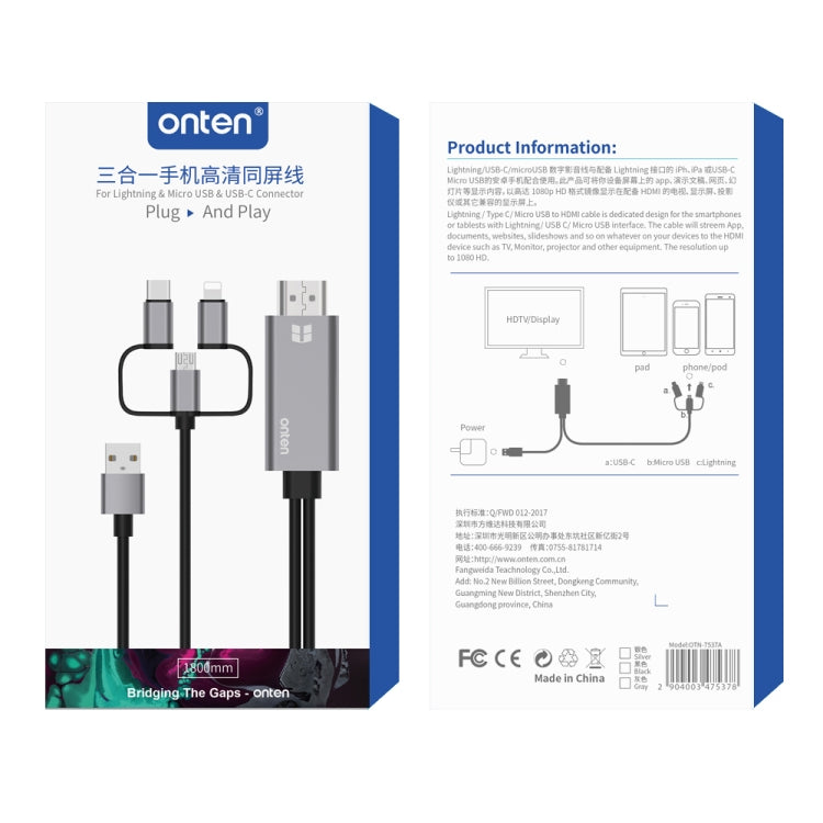 Câble adaptateur Onten OTN-7537A 3 en 1 pour lecteur d'écran mobile HD 1080P, OTN-7537A