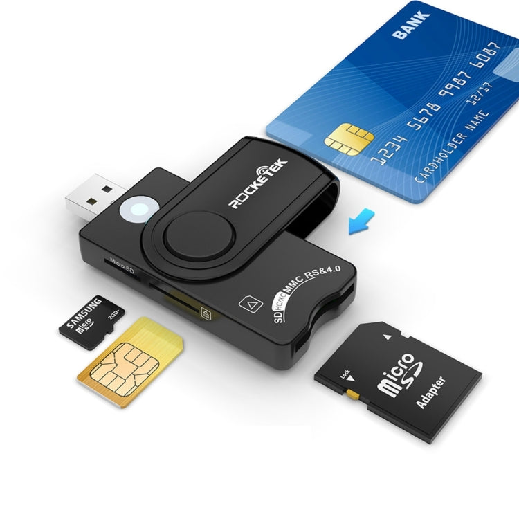 ROCKETEK Lecteur de cartes multifonction USB 2.0 + carte TF + carte SD + carte SIM + carte intelligente, USB 2.0
