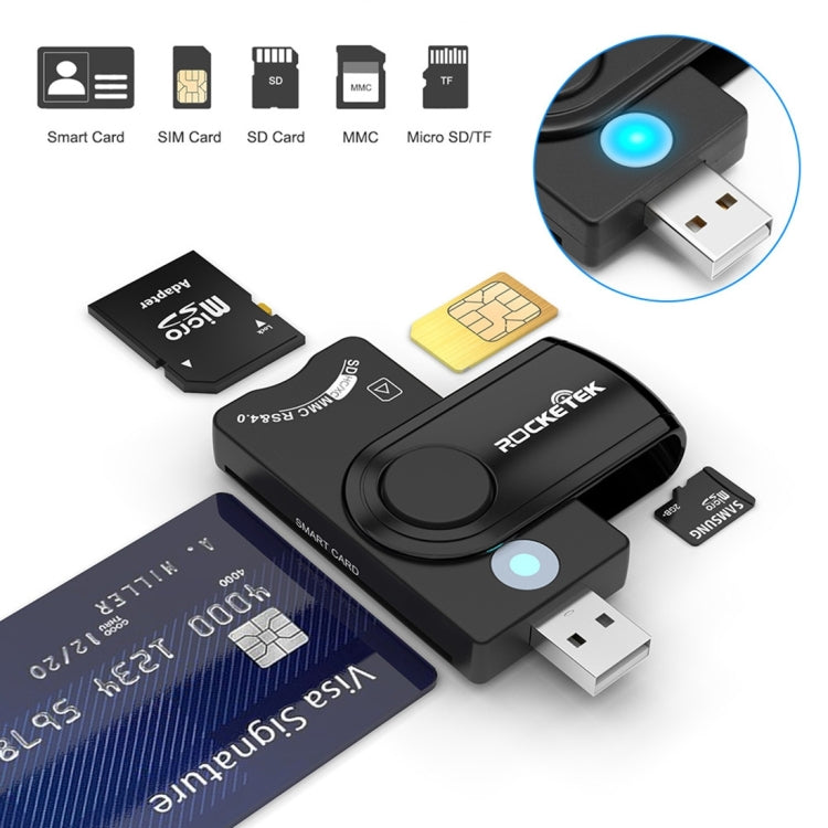ROCKETEK Lecteur de cartes multifonction USB 2.0 + carte TF + carte SD + carte SIM + carte intelligente, USB 2.0