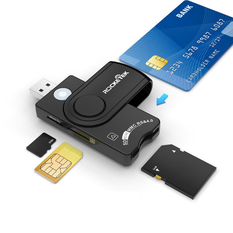 ROCKETEK Lecteur de cartes multifonction USB 2.0 + carte TF + carte SD + carte SIM + carte intelligente, USB 2.0