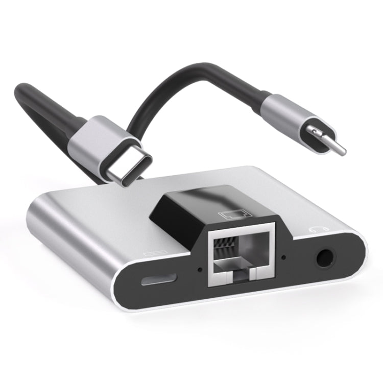 NK-1056Pro Adaptateur 3 en 1 8 broches + USB-C / Type-C mâle vers 8 broches de charge + Ethernet + écouteurs 3,5 mm femelle, NK-1056Pro