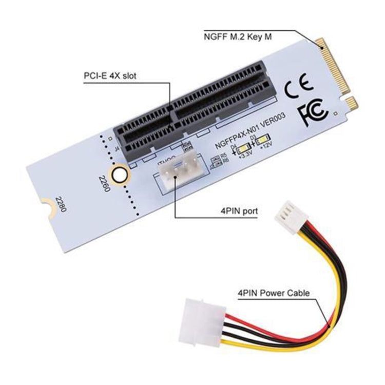 Adaptateur NGFF M.2 Key M vers PCI-E 1X / 4X / 8X / 16X pour carte graphique, carte d'extension avec LED et câble d'alimentation 4 broches, VER003 avec câble d'alimentation 4 broches