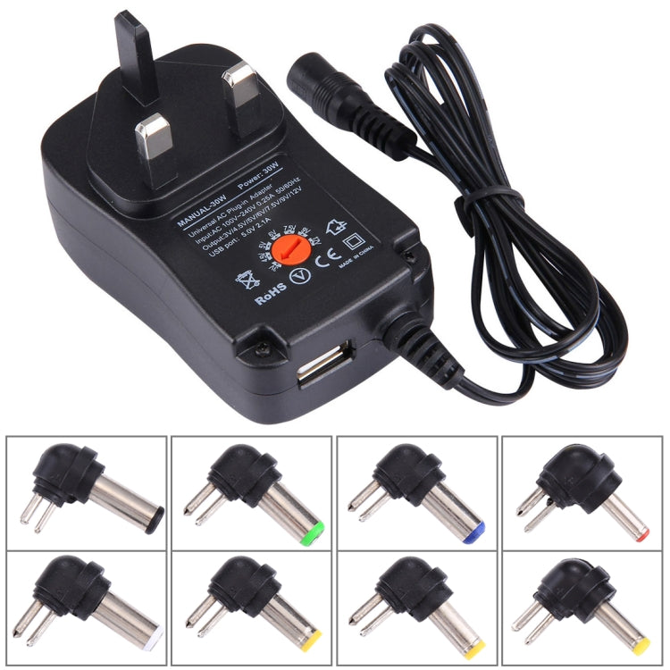 Adaptateur secteur mural universel 30W avec prise UK et port USB 5V 2.1A, embouts : 8 pièces, longueur du câble : environ 1,2m, prise UK