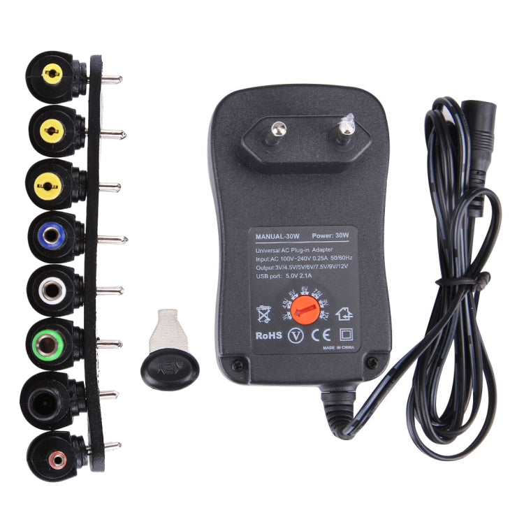 Adaptateur secteur universel 30W prise EU avec port USB 5V 2.1A, conseils : 6 pcs, longueur câble : environ 1,2m, prise EU