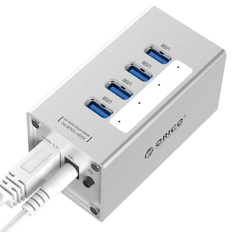 Hub USB 3.0 ORICO A3H4 aluminium haute vitesse 4 ports avec alimentation 12V/2,5A pour ordinateurs portables, 4 ports (argent)