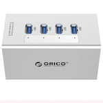 Hub USB 3.0 ORICO A3H4 aluminium haute vitesse 4 ports avec alimentation 12V/2,5A pour ordinateurs portables, 4 ports (argent)