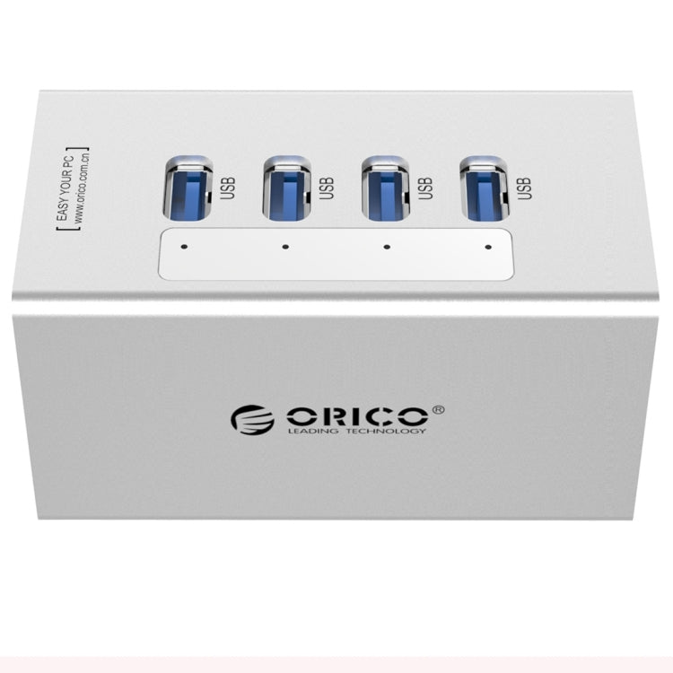 Hub USB 3.0 ORICO A3H4 aluminium haute vitesse 4 ports avec alimentation 12V/2,5A pour ordinateurs portables, 4 ports (argent)