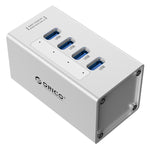 Hub USB 3.0 ORICO A3H4 aluminium haute vitesse 4 ports avec alimentation 12V/2,5A pour ordinateurs portables, 4 ports (argent)