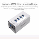 Hub USB 3.0 ORICO A3H4 aluminium haute vitesse 4 ports avec alimentation 12V/2,5A pour ordinateurs portables, 4 ports (argent)