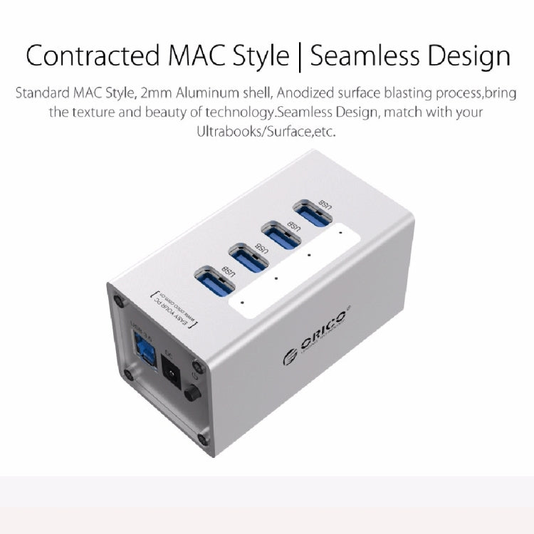 Hub USB 3.0 ORICO A3H4 aluminium haute vitesse 4 ports avec alimentation 12V/2,5A pour ordinateurs portables, 4 ports (argent)