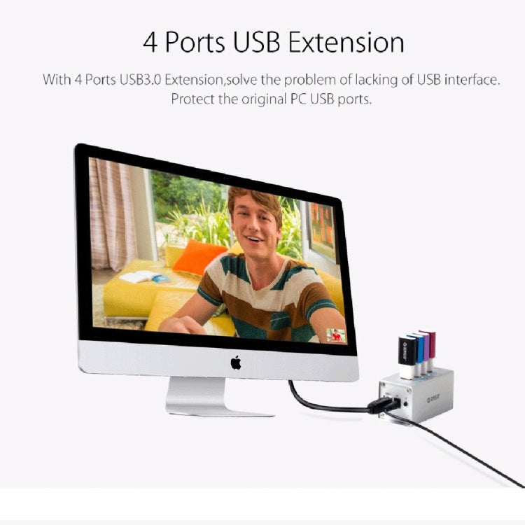 Hub USB 3.0 ORICO A3H4 aluminium haute vitesse 4 ports avec alimentation 12V/2,5A pour ordinateurs portables, 4 ports (argent)