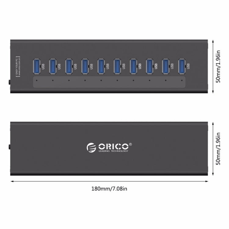 ORICO A3H10 Hub USB 3.0 en aluminium haute vitesse à 10 ports avec adaptateur secteur pour ordinateurs portables, 10 ports (argent), 10 ports (noir)