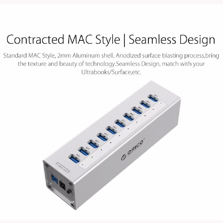 ORICO A3H10 Hub USB 3.0 en aluminium haute vitesse à 10 ports avec adaptateur secteur pour ordinateurs portables, 10 ports (argent), 10 ports (noir)