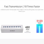 ORICO A3H10 Hub USB 3.0 en aluminium haute vitesse à 10 ports avec adaptateur secteur pour ordinateurs portables, 10 ports (argent), 10 ports (noir)