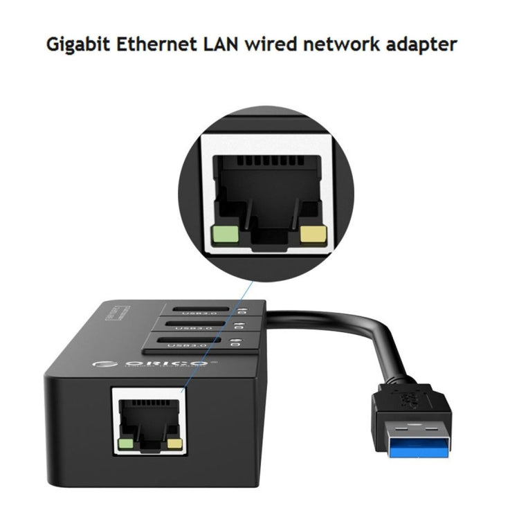 ORICO HR01-U3 Hub répartiteur USB3.0 à 3 ports en ABS avec carte réseau Ethernet Gigabit RJ45 externe 5 Gbps pour ordinateurs portables / bureau / ultrabook, etc.