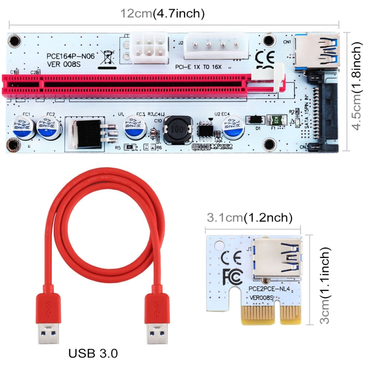 Carte adaptatrice d'extension PCI-E USB 3.0 PCI-E Express 1x vers 16x PCE164P-N06 VER008S, alimentation SATA 15 broches, alimentation 6 broches + 4 broches, câble USB 60 cm, VER008S rouge