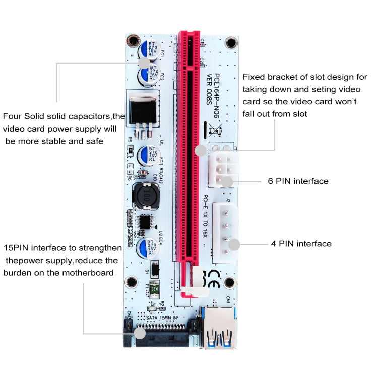 Carte adaptatrice d'extension PCI-E USB 3.0 PCI-E Express 1x vers 16x PCE164P-N06 VER008S, alimentation SATA 15 broches, alimentation 6 broches + 4 broches, câble USB 60 cm, VER008S rouge