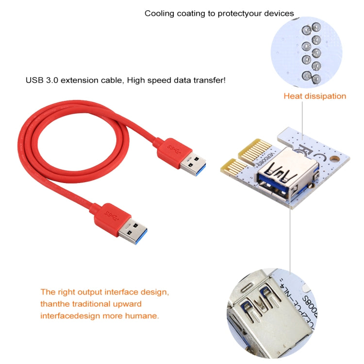Carte adaptatrice d'extension PCI-E USB 3.0 PCI-E Express 1x vers 16x PCE164P-N06 VER008S, alimentation SATA 15 broches, alimentation 6 broches + 4 broches, câble USB 60 cm, VER008S rouge