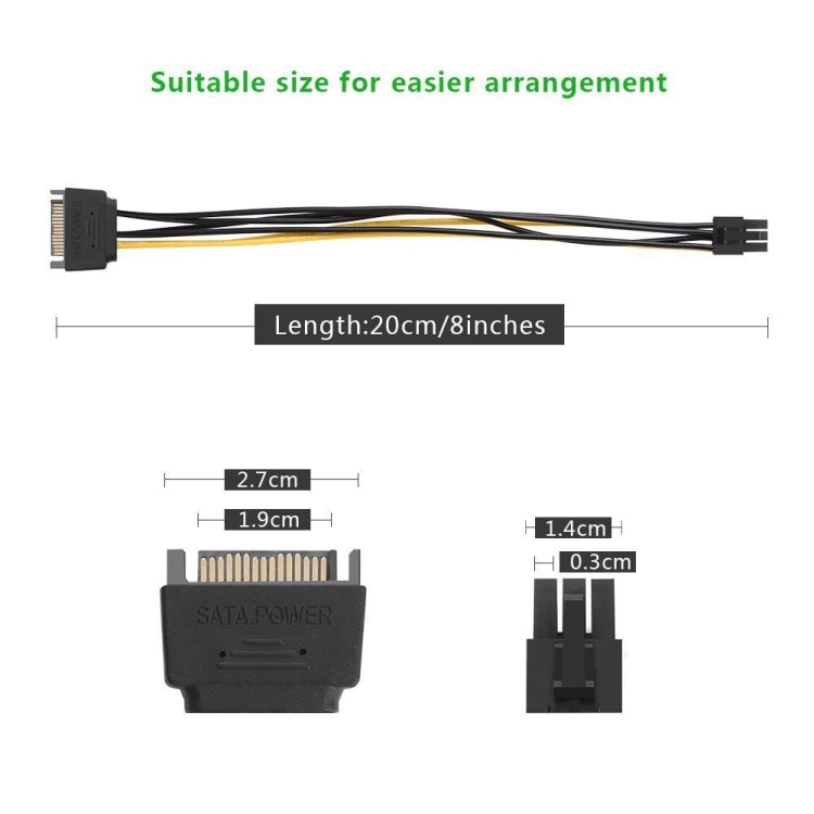 Câble d'alimentation SATA 15 broches vers PCI Express 6 broches pour carte graphique vidéo de 20 cm, SATA 15 broches vers femelle 6 broches