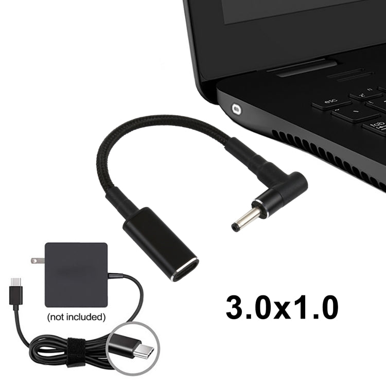 Câble adaptateur PD 100W 18,5-20V 3,0 x 1,0 mm coude vers USB-C / Type-C en nylon tressé, 3,0 x 1,0 mm