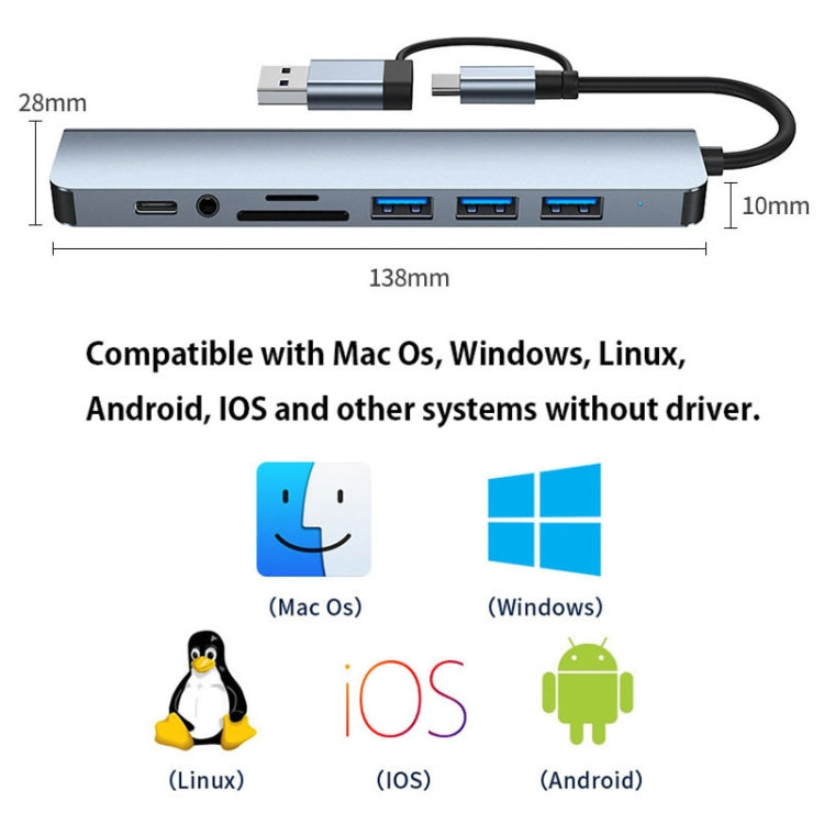 Station d'accueil multifonctionnelle HUB adaptateur BYL-2218TU 8 en 1 USB + USB-C / Type-C vers USB, BYL-2218TU
