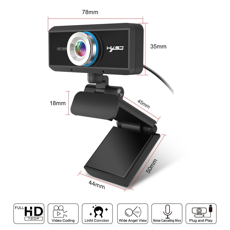 Webcam HD 720P HXSJ S90 30fps 1 mégapixel pour ordinateur de bureau / portable / TV Android, avec microphone absorbant le son de 8 m, longueur du câble : 1,5 m, S90