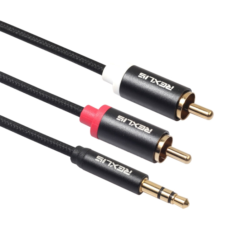 Câble audio tressé coton noir REXLIS 3635 jack 3,5 mm mâle vers double RCA plaqué or pour interface d'entrée RCA haut-parleur actif, longueur : 1,8 m