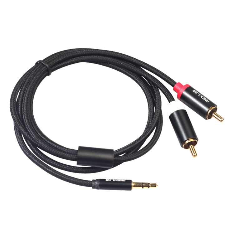 Câble audio tressé coton noir REXLIS 3635 jack 3,5 mm mâle vers double RCA plaqué or pour interface d'entrée RCA haut-parleur actif, longueur : 1,8 m