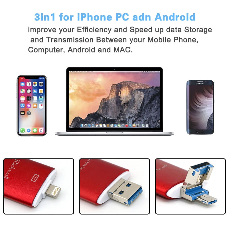 Clé USB Richwell 3 en 1 128 Go Type-C + 8 broches + USB 3.0 en métal à double couvercle coulissant avec fonction OTG